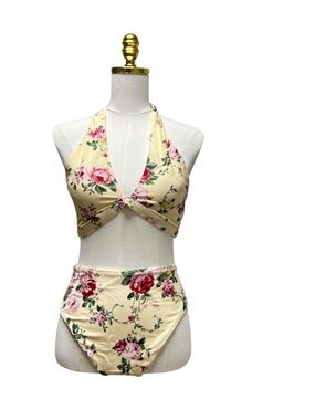 ANTONIO MELANI Bungalow Cream Floral Twist Halter High-Waist Bikini Size Large